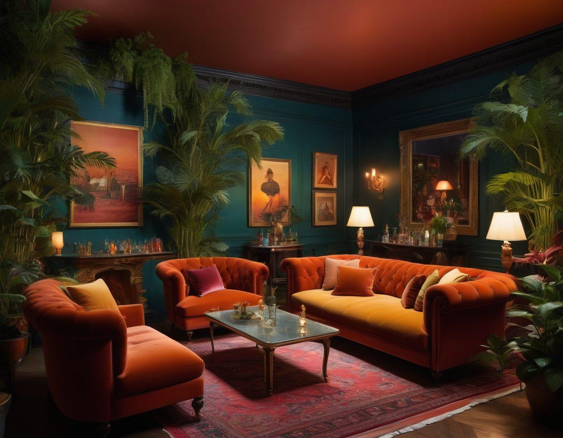 A lavish, dimly lit lounge with luxurious velvet couches, flickering candlelight casting soft shadows, and a cocktail bar filled with exotic drinks. Beautiful adult couples indulging in intimate conversations, surrounded by lush greenery and artful decor. An alluring ambiance filled with a sense of mystery and indulgence. super-realistic. vibrant colors. cozy atmosphere.