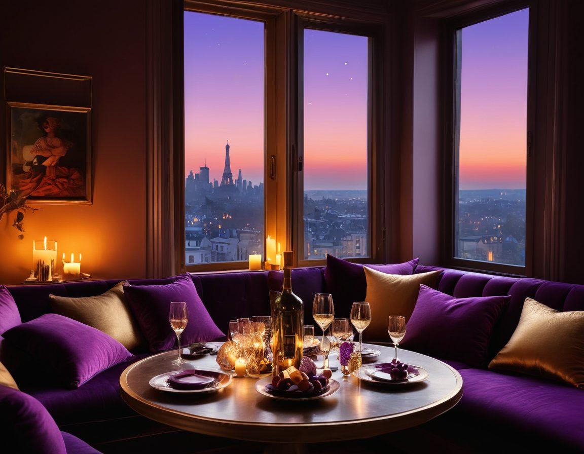 A sultry and inviting moonlit room filled with plush cushions and soft fabrics, casting shadows that evoke mystery. Distant city lights twinkle through open windows, while candles flicker gently on a romantic table setting. The walls are adorned with abstract art that hints at passion and allure. A bottle of wine and elegant glasses invite indulgence. The scene is immersed in deep shades of purple and gold, creating an intimate and seductive atmosphere. super-realistic. vibrant colors. soft lighting.